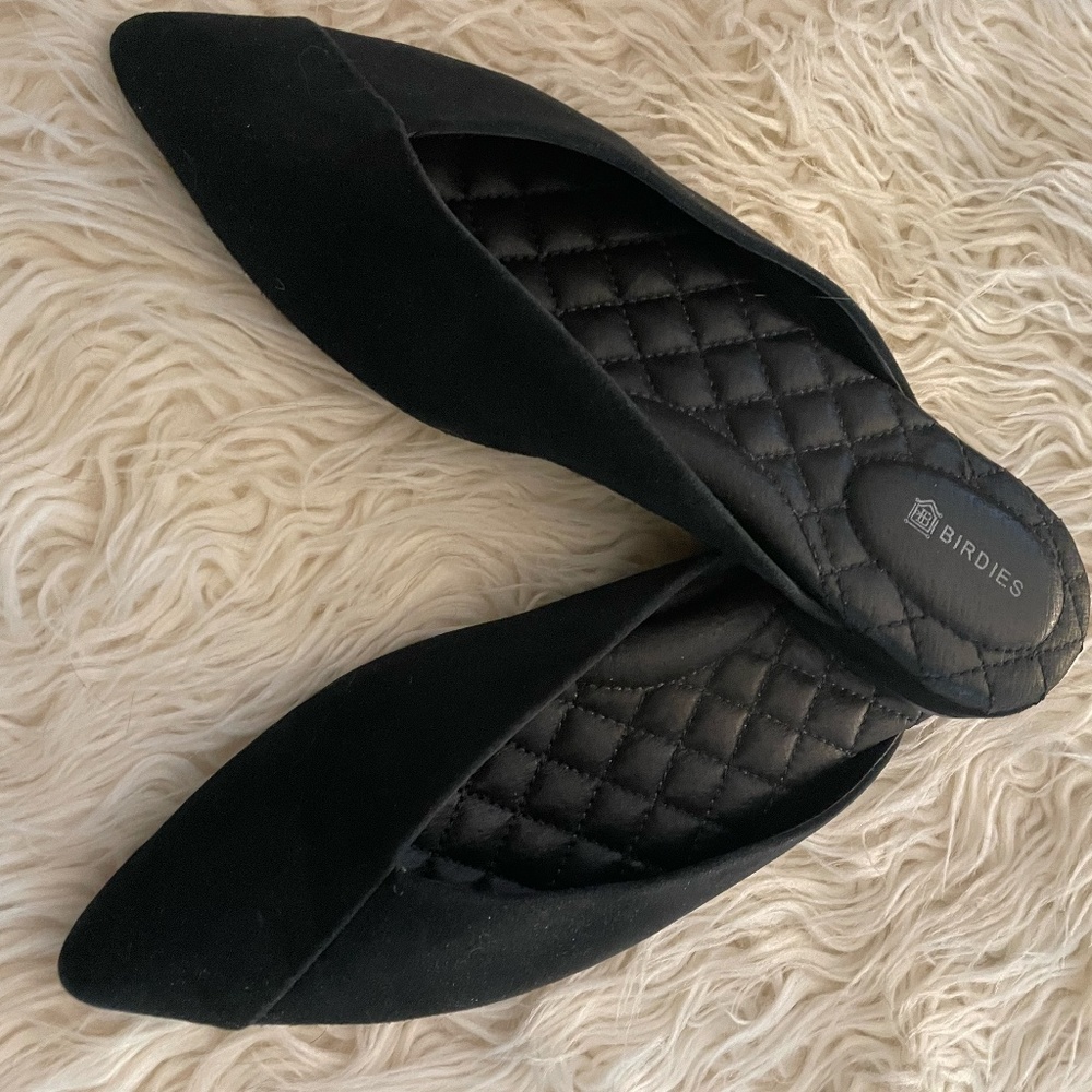 Birdies Swan mule, black suede, size 7
